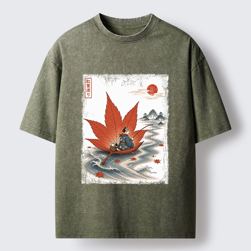 Tokyo-Tiger Japanese Cat Maple River Fishing Vintage Art Washed T-Shirt