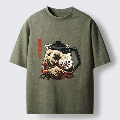 Tokyo-Tiger Coffee Pot Great Wave Coffee Beans Art Washed T-Shirt