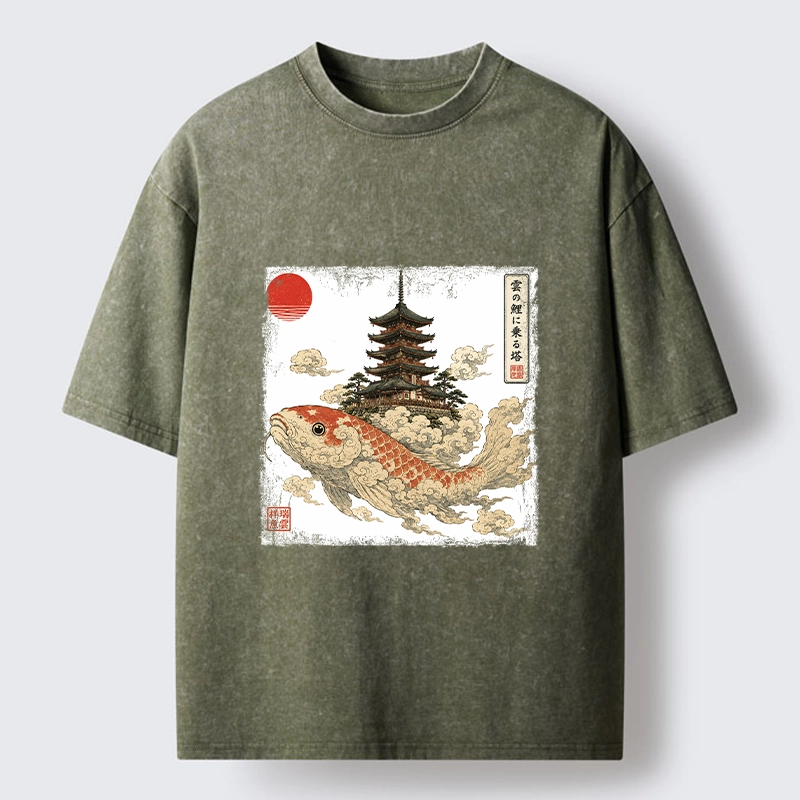 Tokyo-Tiger Sacred Koi Carp And Ancient Temple Tower Art Washed T-Shirt