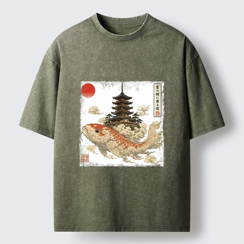 Tokyo-Tiger Sacred Koi Carp And Ancient Temple Tower Art Washed T-Shirt