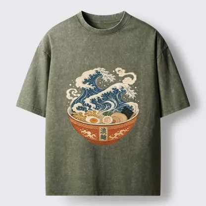 Tokyo-Tiger Ramen Bowl Holds Giant Ocean Wave Graphic Washed T-Shirt
