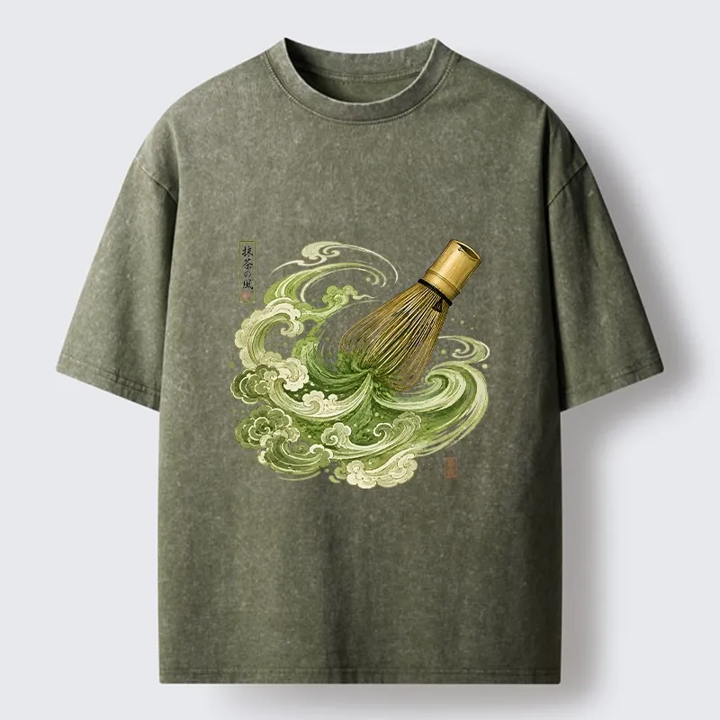 Tokyo-Tiger Zen Matcha Wave Bamboo Whisk Vintage Print Washed T-Shirt