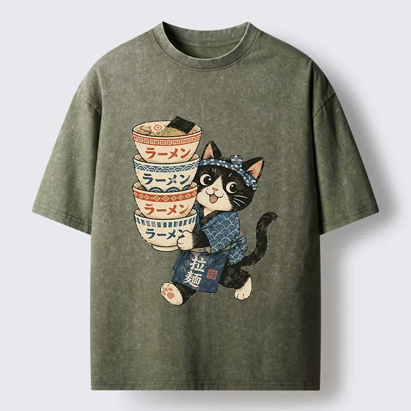 Tokyo-Tiger Funny Meme Cat Carries Stacked Ramen Bowls Washed T-Shirt