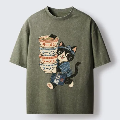 Tokyo-Tiger Funny Meme Cat Carries Stacked Ramen Bowls Washed T-Shirt