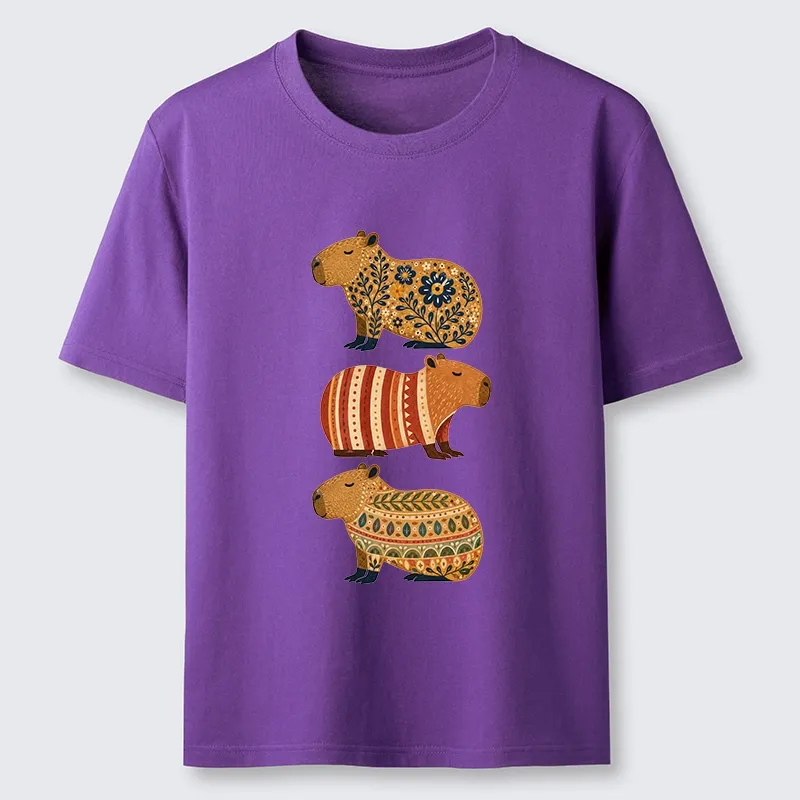 Tokyo-Tiger Folk Floral Striped Capybara Trio Print Classic T-Shirt