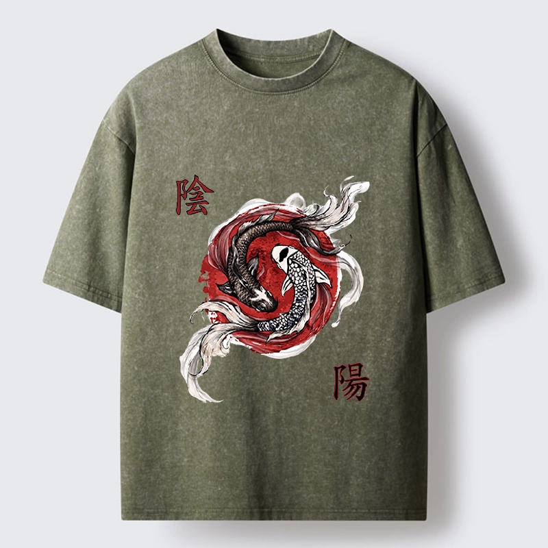 Tokyo-Tiger Red Ink Twin Koi Fish Harmony Washed T-Shirt