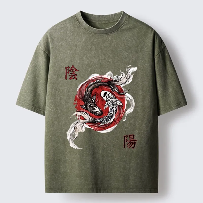 Tokyo-Tiger Red Ink Twin Koi Fish Harmony Washed T-Shirt