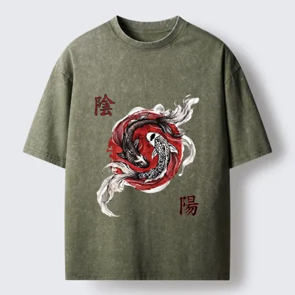 Tokyo-Tiger Red Ink Twin Koi Fish Harmony Washed T-Shirt