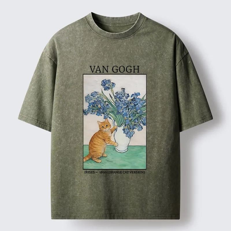 Tokyo-Tiger Orange Cat Touches Van Gogh Irises Washed T-Shirt