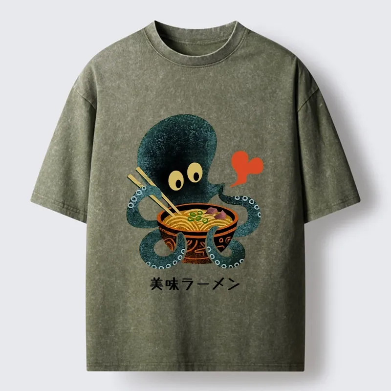 Tokyo-Tiger Octopus Uses Chopsticks For Ramen Washed T-Shirt 