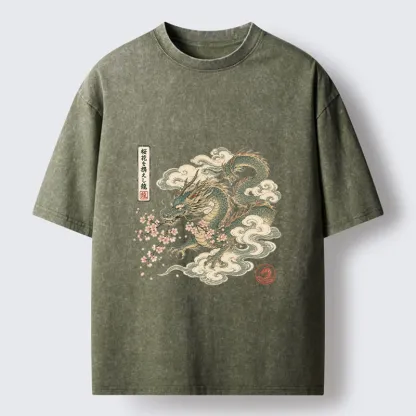 Tokyo-Tiger Ancient Dragon Holds Pink Sakura Blooms Washed T-Shirt 