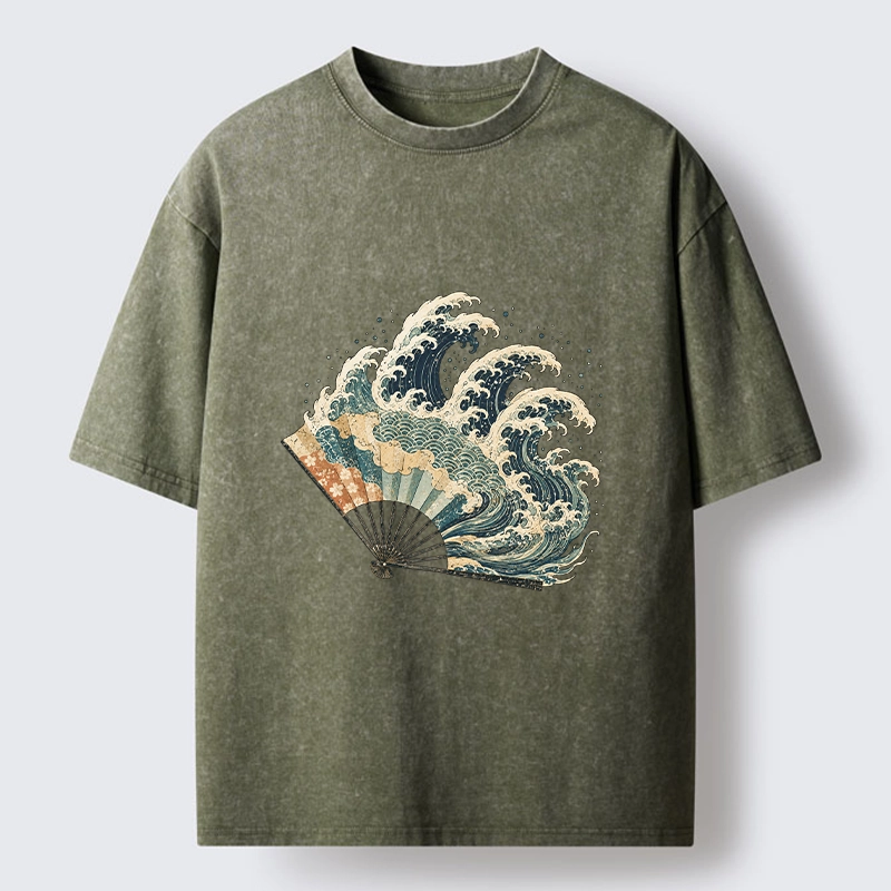 Tokyo-Tiger Wave Fan Classic Japanese Ukiyo E Art Washed T-Shirt