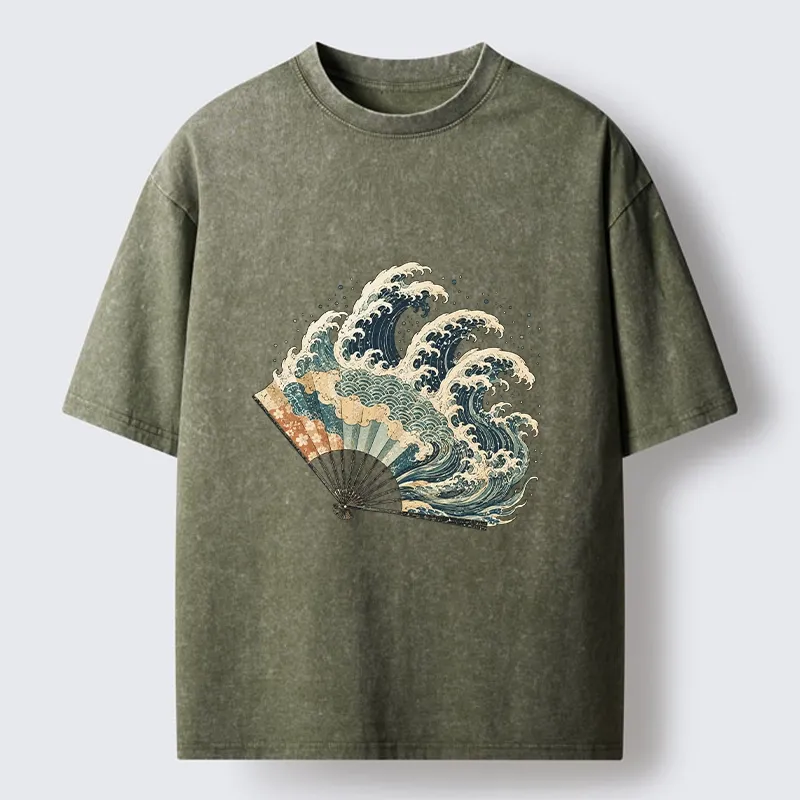 Tokyo-Tiger Wave Fan Classic Japanese Ukiyo E Art Washed T-Shirt