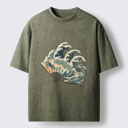 Tokyo-Tiger Wave Fan Classic Japanese Ukiyo E Art Washed T-Shirt
