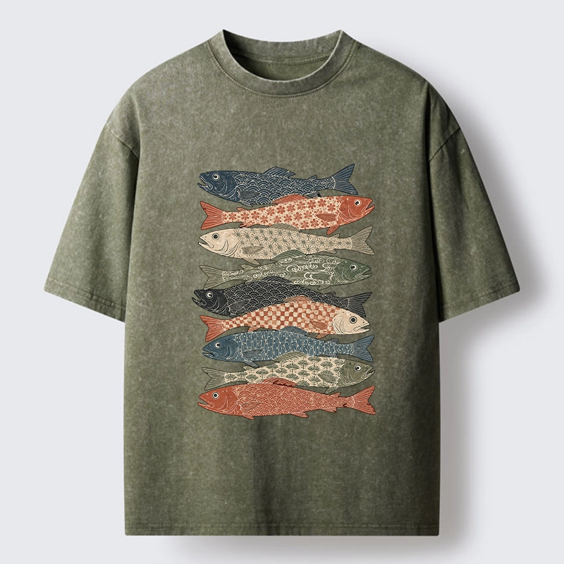Tokyo-Tiger Patterned Stack Fish Japanese Block Print Washed T-Shirt
