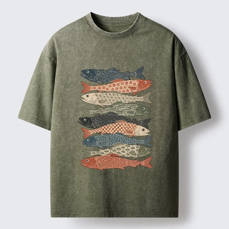 Tokyo-Tiger Patterned Stack Fish Japanese Block Print Washed T-Shirt