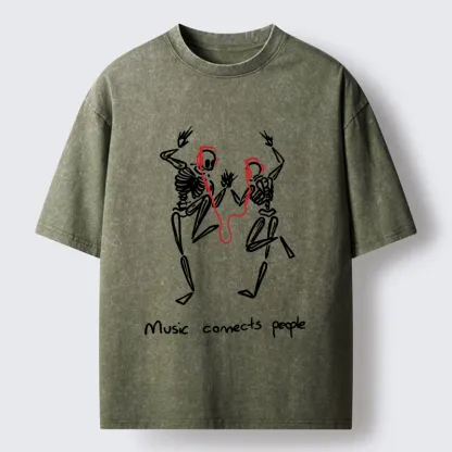 Tokyo-Tiger Music Connects Souls Skeleton Graphic Washed T-Shirt