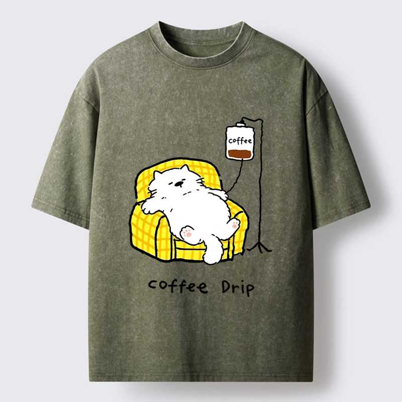 Tokyo-Tiger Fluffy Cat Needs Coffee Drip Art Washed T-Shirt