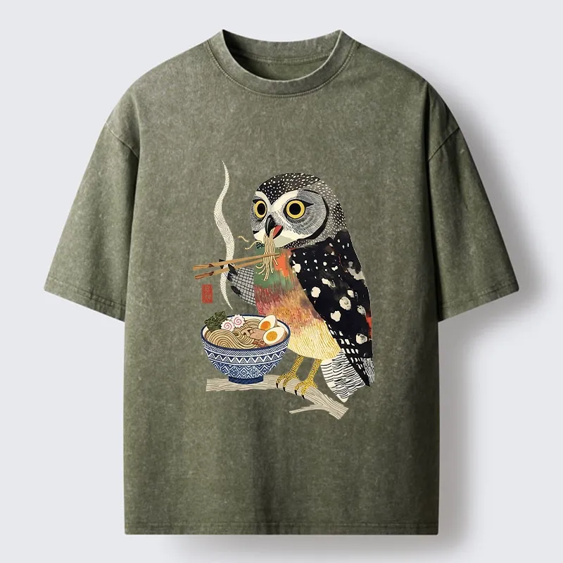 Tokyo-Tiger Owl Slurps Hot Ramen Japan Art Washed T-Shirt