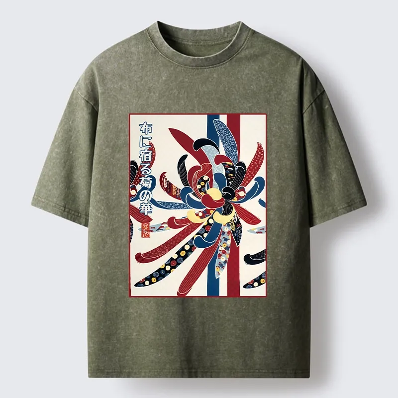 Tokyo-Tiger Traditional Oriental Big Flower Ukiyo Print Washed T-Shirt