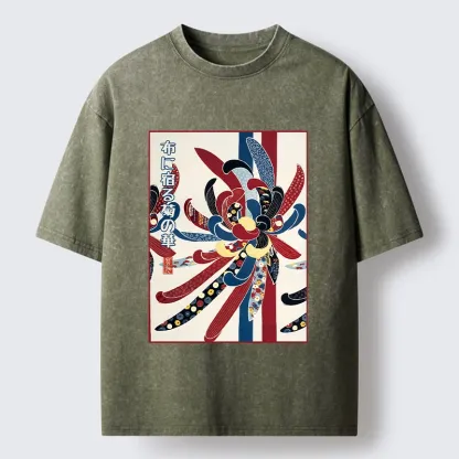 Tokyo-Tiger Traditional Oriental Big Flower Ukiyo Print Washed T-Shirt