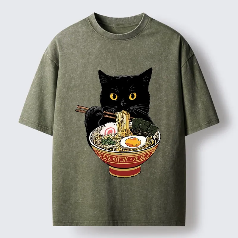 Tokyo-Tiger Funny Cat Ramen Lover Food Meme Washed T-Shirt
