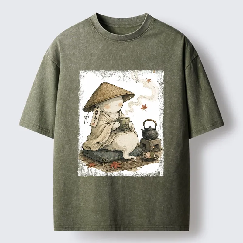 Tokyo-Tiger Cute Ghost Peaceful Tea Time Art Washed T-Shirt Sale