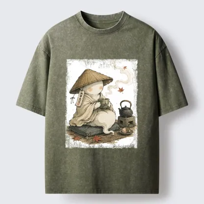 Tokyo-Tiger Cute Ghost Peaceful Tea Time Art Washed T-Shirt