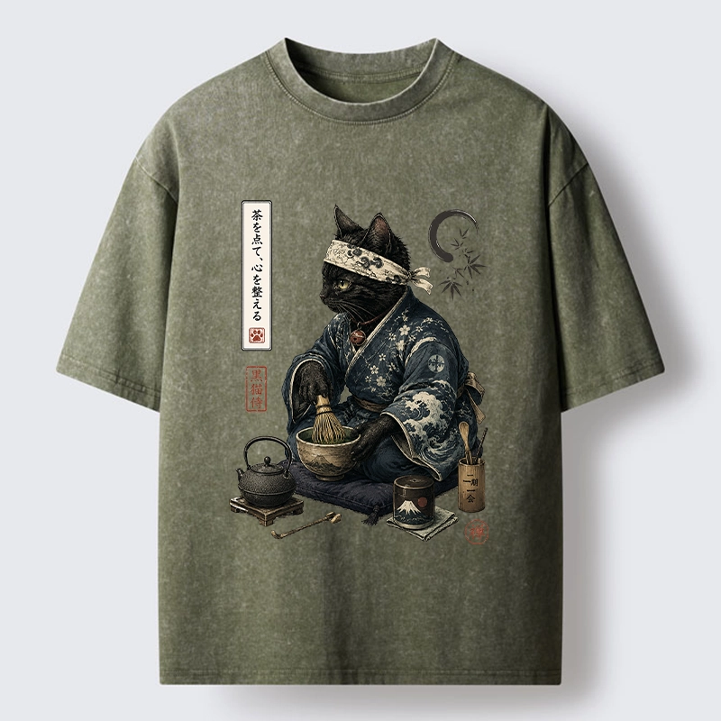 Tokyo-Tiger Samurai Cat Makes Matcha Tea Art Washed T-Shirt