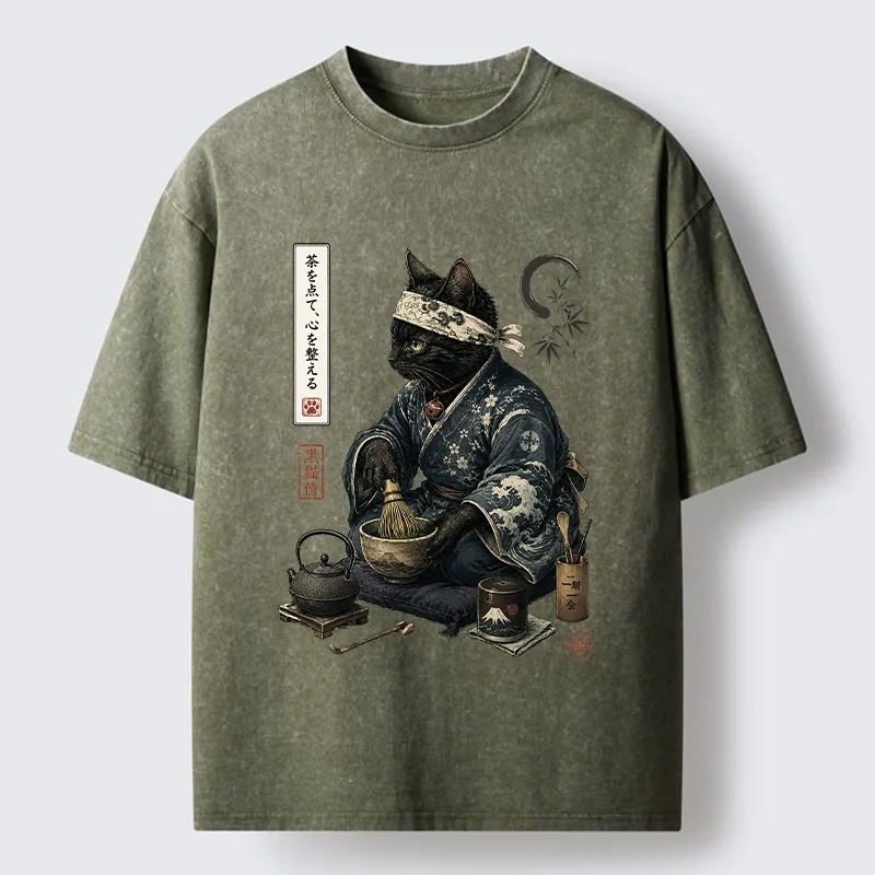 Tokyo-Tiger Samurai Cat Makes Matcha Tea Art Washed T-Shirt