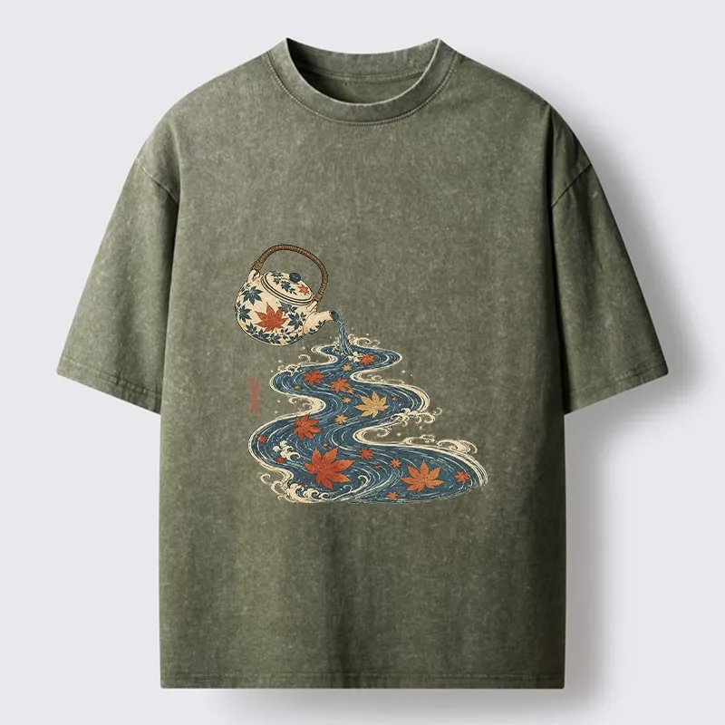 Tokyo-Tiger Maple Tea Pot Flowing River Ukiyo Art Washed T-Shirt Sale