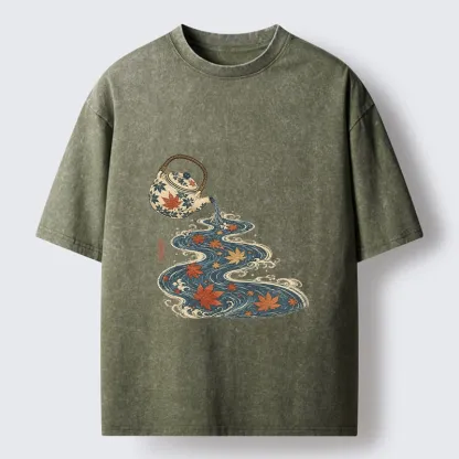 Tokyo-Tiger Maple Tea Pot Flowing River Ukiyo Art Washed T-Shirt