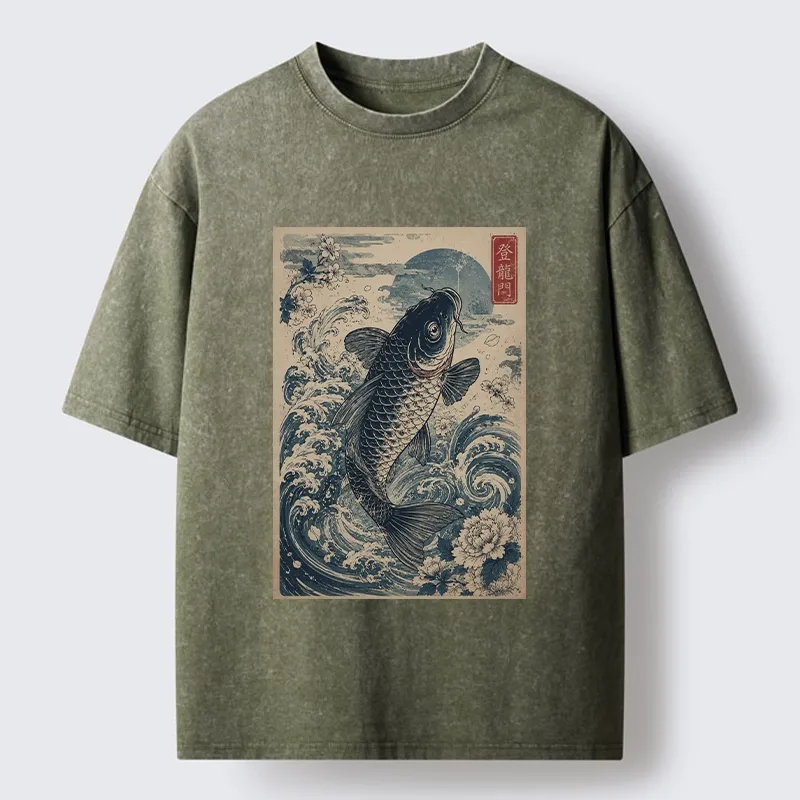 Tokyo-Tiger Vintage Ukiyo Koi Wave Flower Graphic Washed T-Shirt