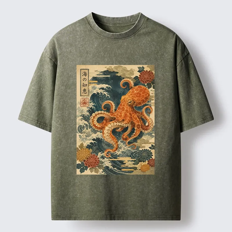 Tokyo-Tiger Wise Octopus Sea Wave Ukiyo E Art Washed T-Shirt