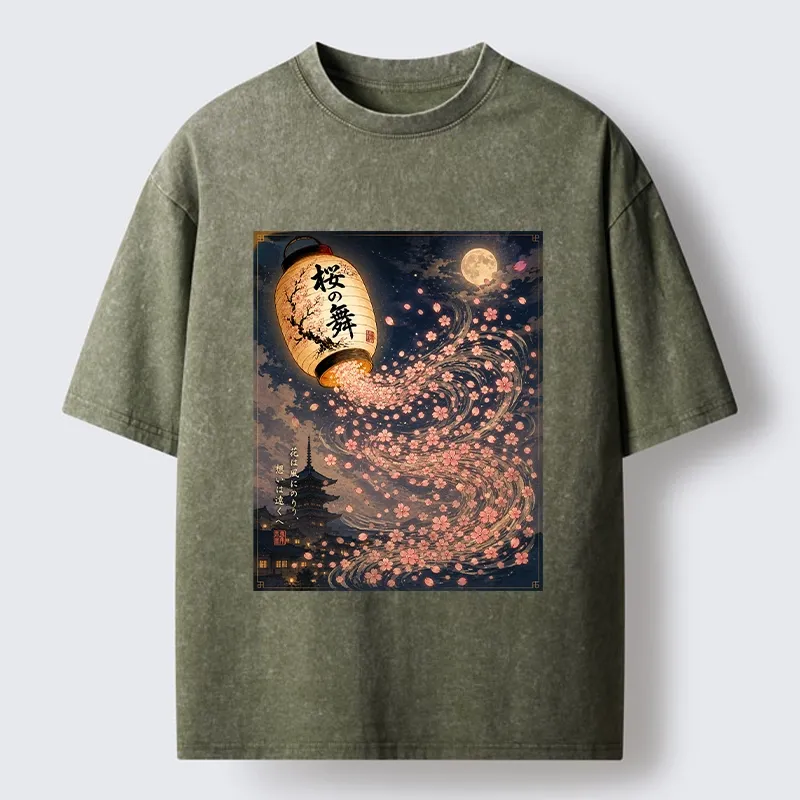 Tokyo-Tiger Sakura Wind Flows From Paper Lantern Graphic Washed T-Shirt