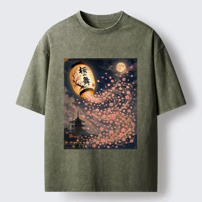 Tokyo-Tiger Sakura Wind Flows From Paper Lantern Graphic Washed T-Shirt