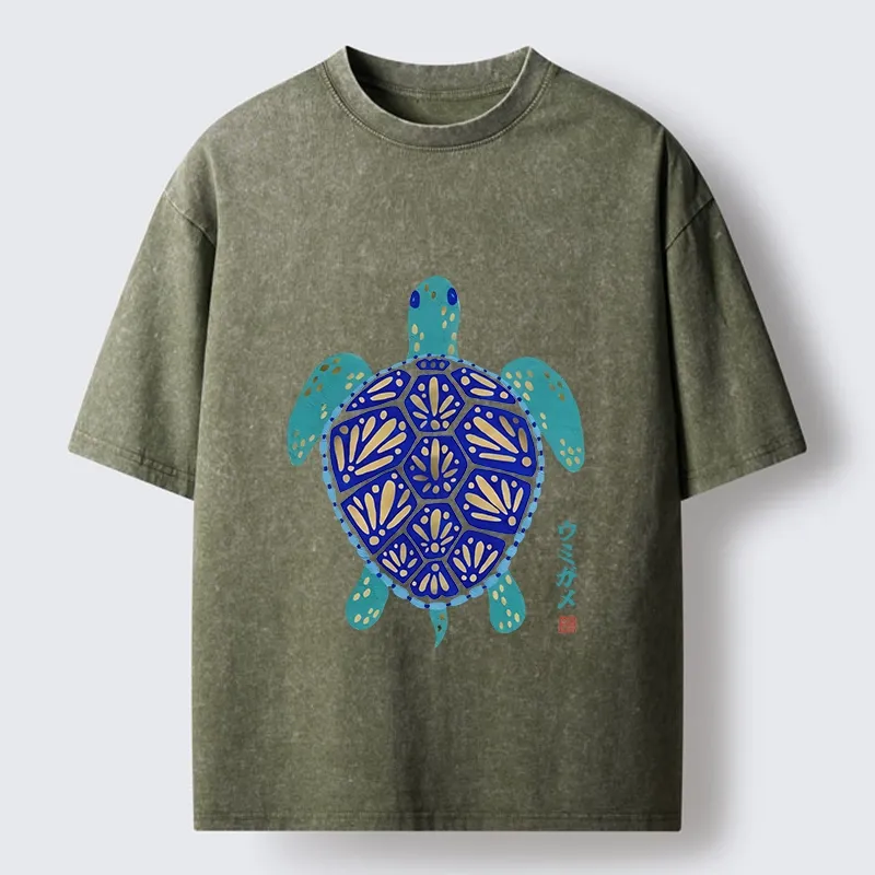 Tokyo-Tiger Blue Gold Sea Turtle Japanese Art Print Washed T-Shirt