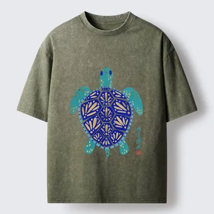 Tokyo-Tiger Blue Gold Sea Turtle Japanese Art Print Washed T-Shirt