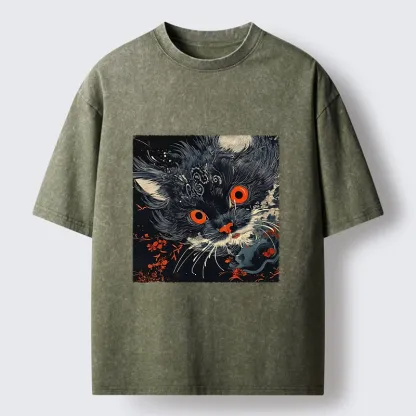 Tokyo-Tiger Soft Fluffy Black Cat Vintage Oriental Print Washed T-Shirt
