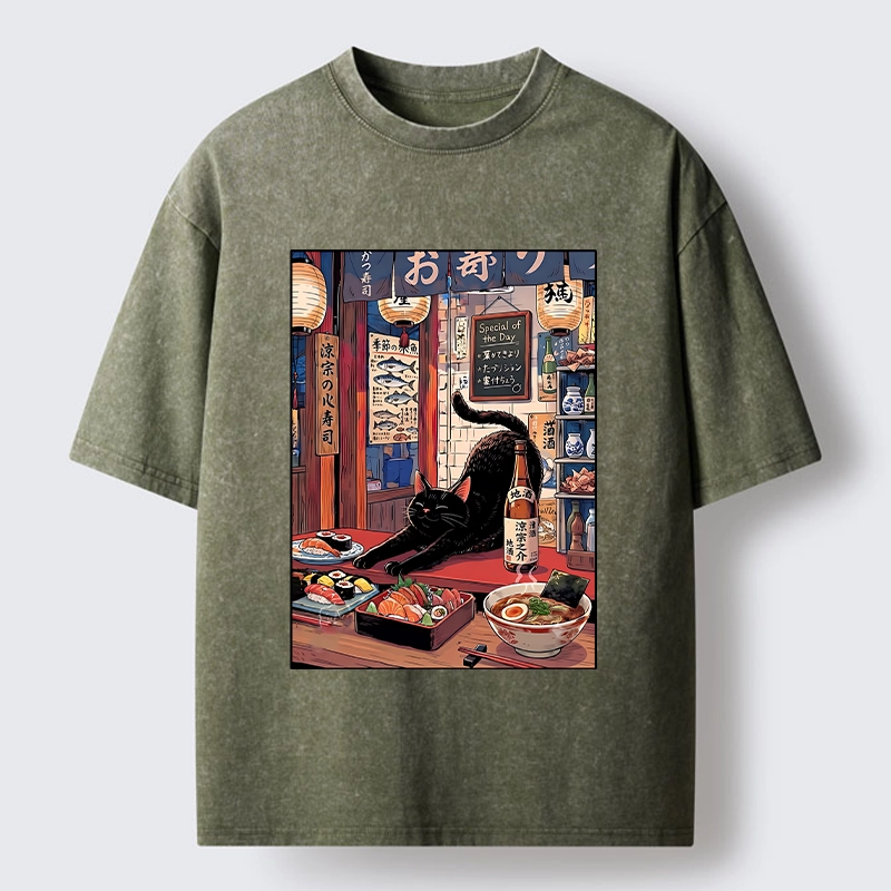 Tokyo-Tiger Warm Lantern Izakaya Black Cat Food Art Print Washed T-Shirt