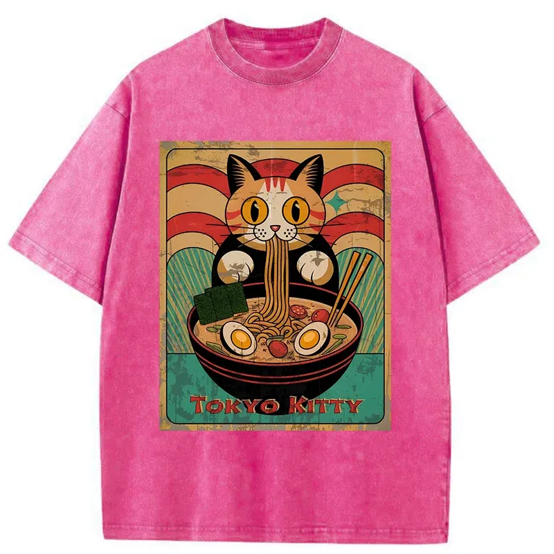 Tokyo-Tiger Retro Cat Eating Ramen Japan Washed T-Shirt