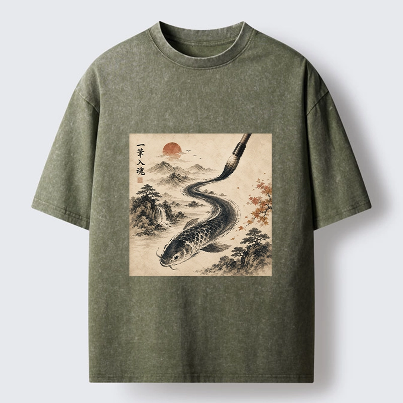 Tokyo-Tiger Autumn Mountain Ink Carp Brush Design Washed T-Shirt
