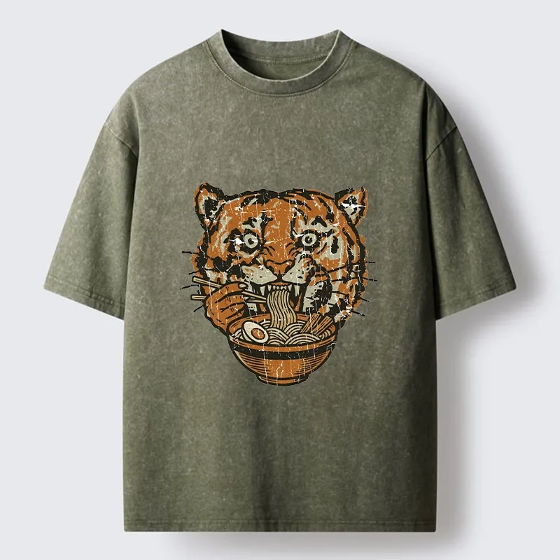 Tokyo-Tiger Vintage Tiger Ramen Funny Meme Washed T-Shirt