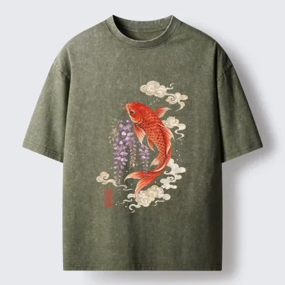 Tokyo-Tiger Soft Cloud Koi Floral Graphic Print Washed T-Shirt