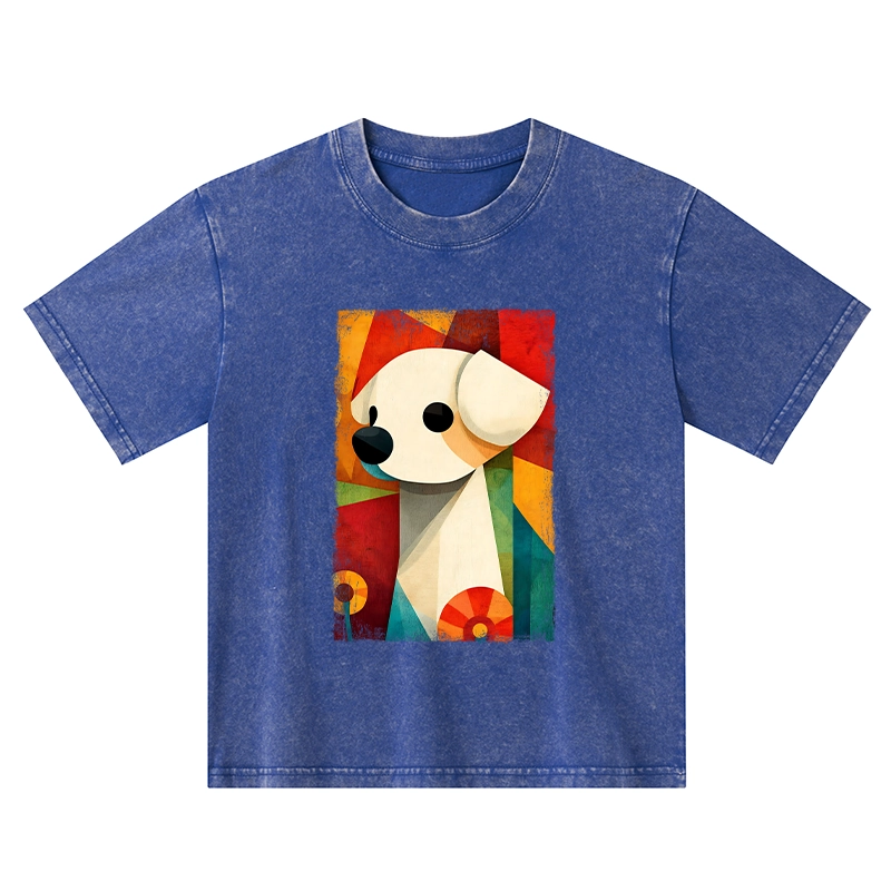 Tokyo-Tiger Retro Abstract Color Block Puppy Art Kids Washed T-Shirt