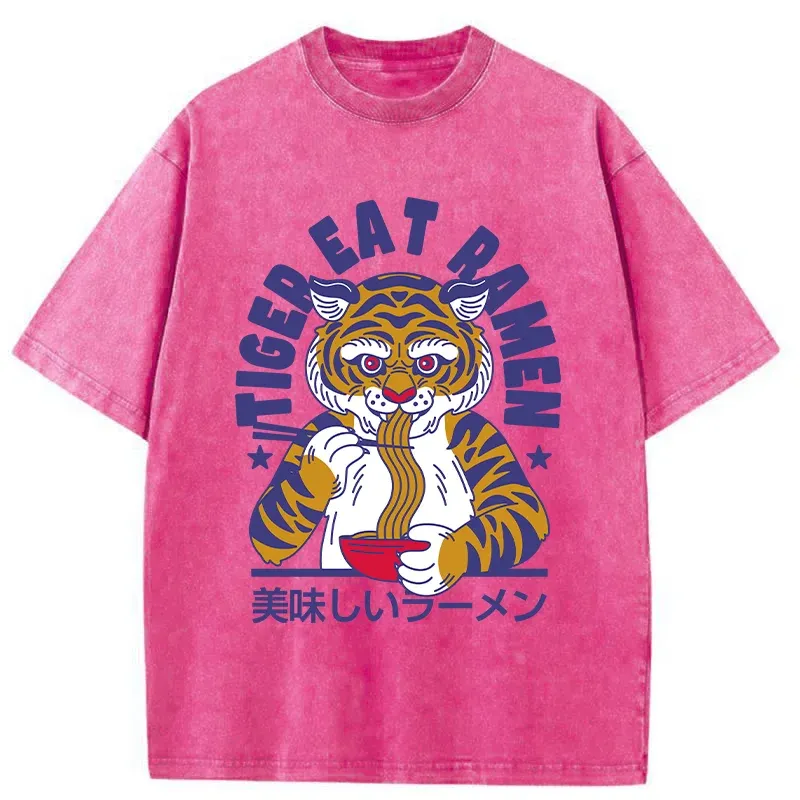 Tokyo-Tiger Funny Tiger Eating Ramen Washed T-Shirt
