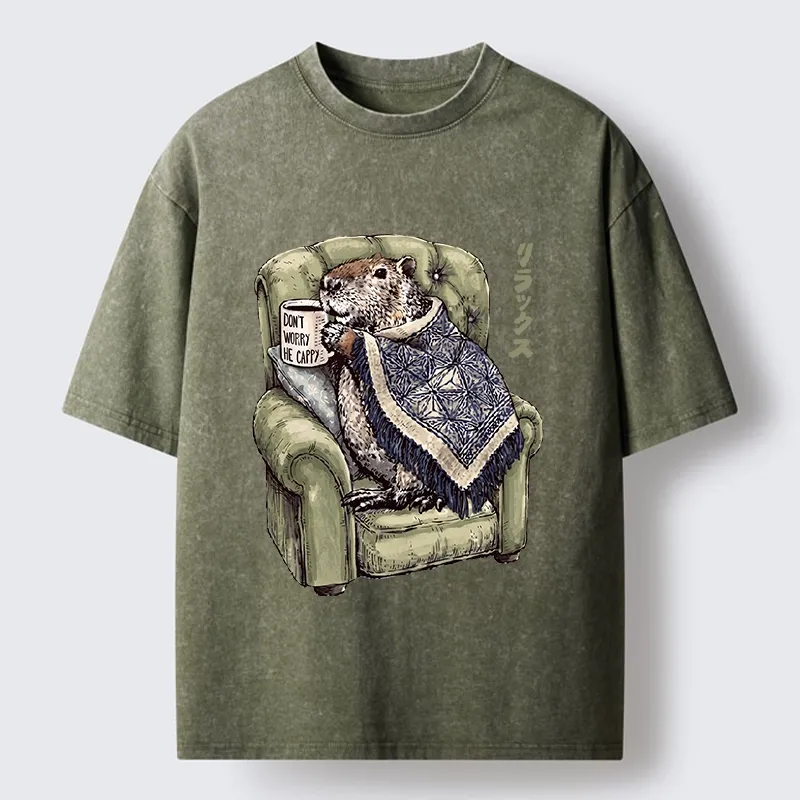 Tokyo-Tiger Relax Capybara Cozy Sofa Warm Blanket Washed T-Shirt