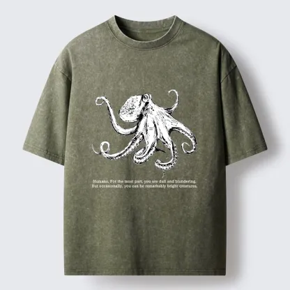 Tokyo-Tiger Vintage Octopus Line Drawing Washed T-Shirt
