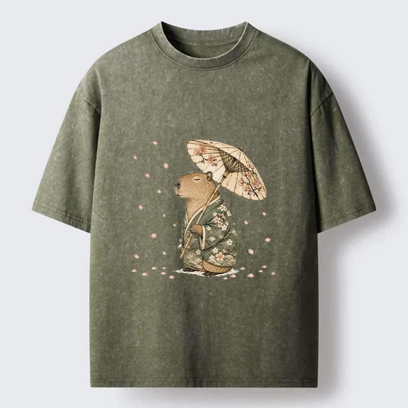 Tokyo-Tiger Relaxed Capybara Spring Sakura Kimono Art Washed T-Shirt