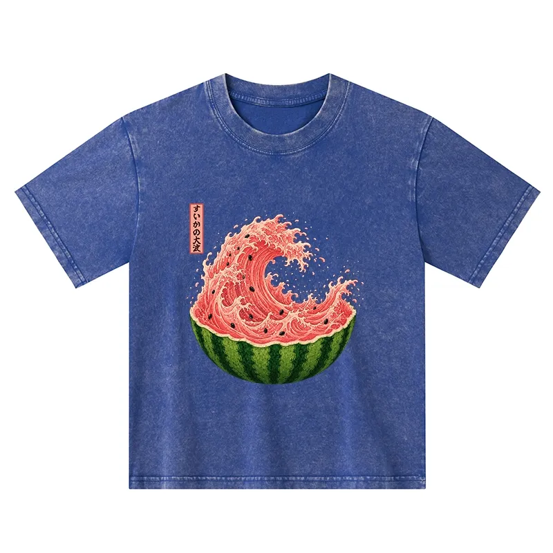 Tokyo-Tiger Watermelon Wave Summer Ukiyo Art Kids Washed T-Shirt Sale
